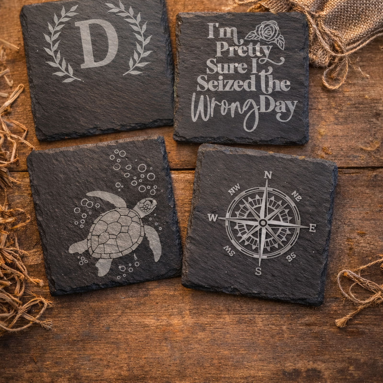 Set of four personalized engraved slate coasters with a Wilmington North Carolina compass, sea turtle, monogram, and funny quote design